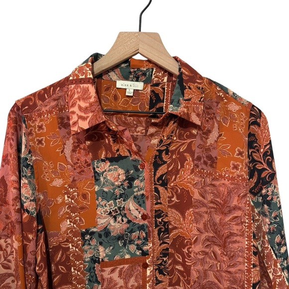 Alex & Lili Floral Patchwork Button Down Blouse Long Sleeve Career Office Large - Picture 2 of 15